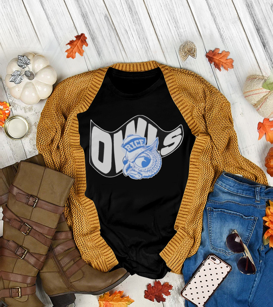 Rice Owls Waving Flag Bold Script with Blue Owl T-Shirt