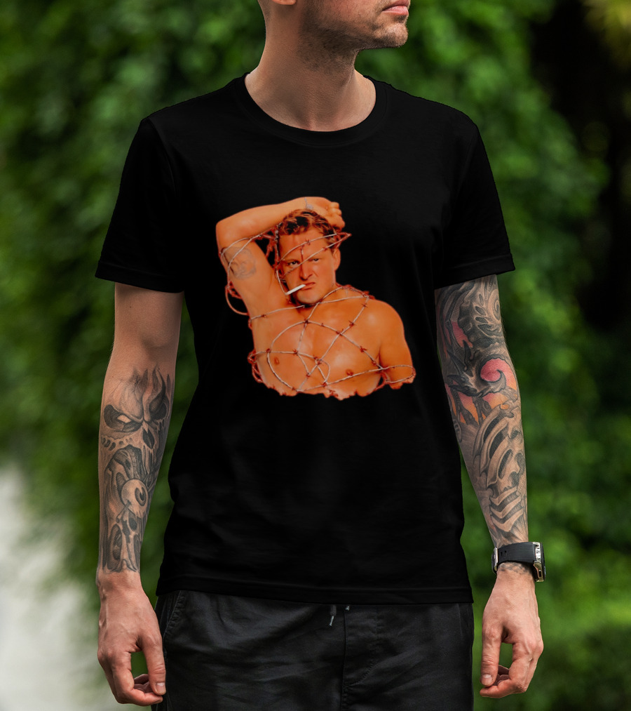 Sandman Barbed Wire Screenprinted Wrapping Wrestler With Cigarette T-Shirt