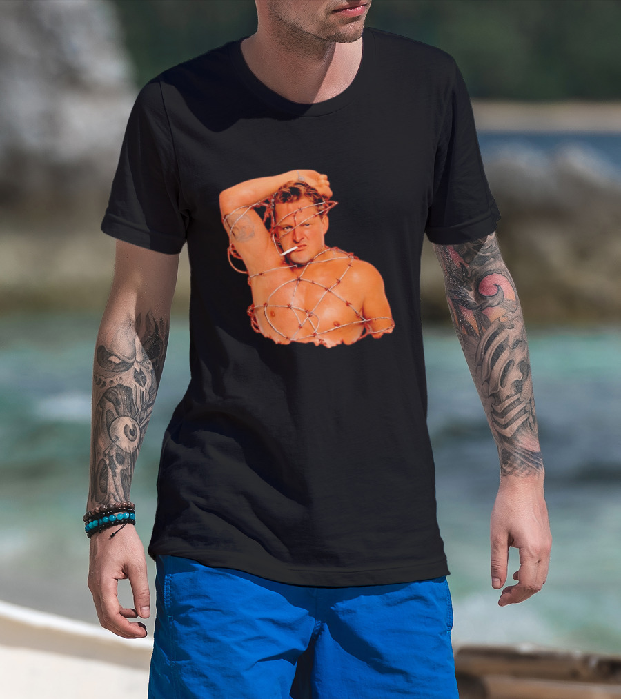 Sandman Barbed Wire Screenprinted Wrapping Wrestler With Cigarette T-Shirt