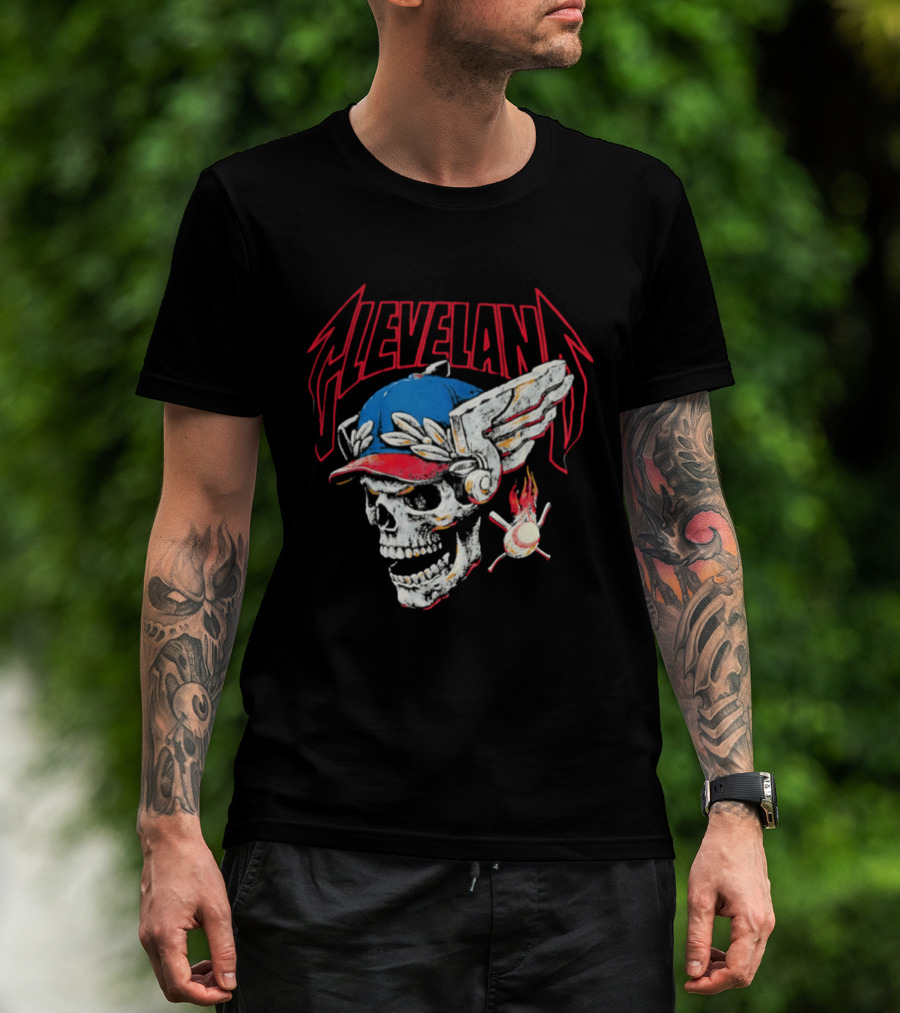 Cleveland Skull Flames Winged Helmet Baseball Bat And Ball T-Shirt