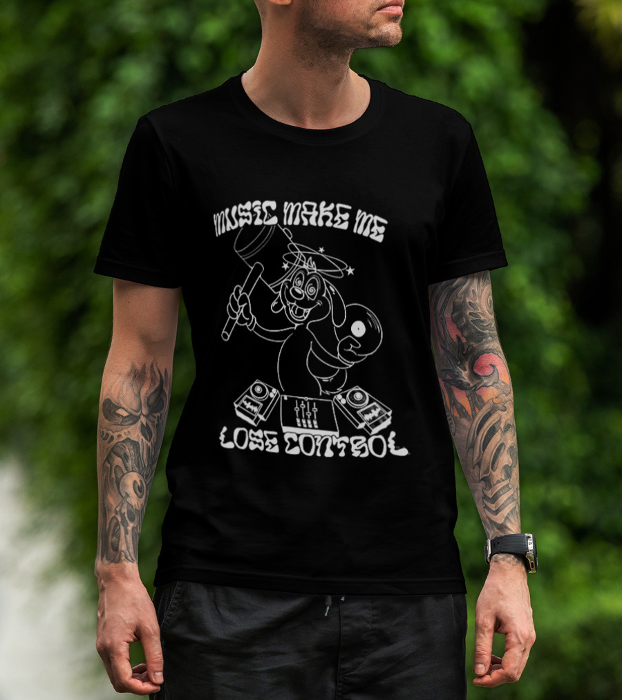 Music Make Me Lose Control Cartoon DJ Rabbit With Vinyl And Keyboard T-Shirt
