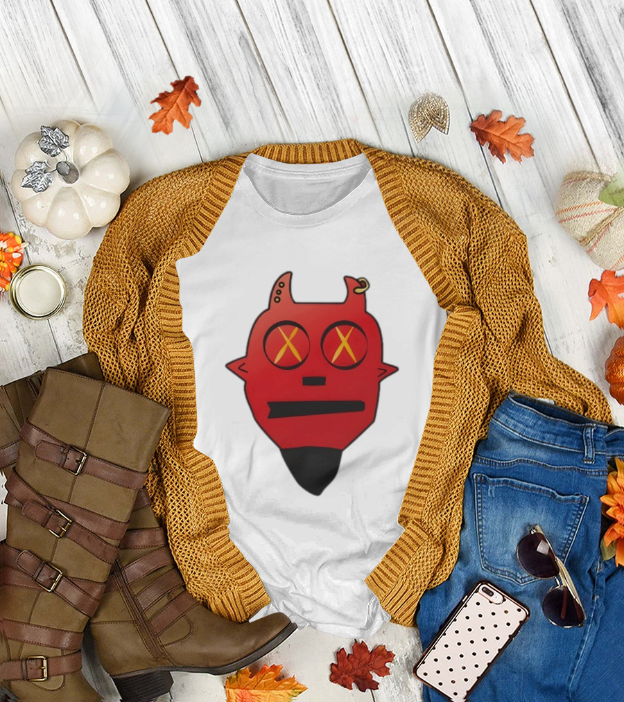 Handsome Devil Red Cartoon Face with Cross Eyes and Earring T-Shirt