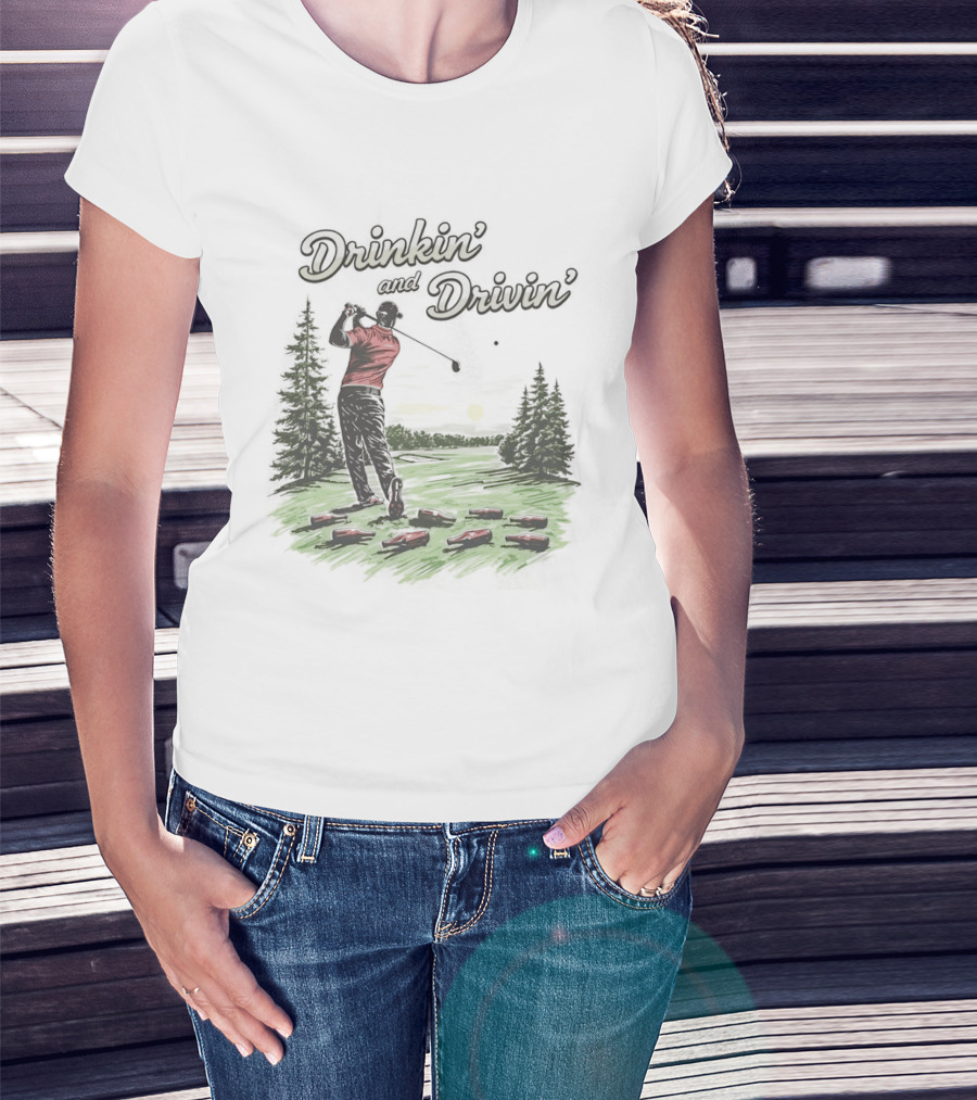 Drinkin' And Drivin' Man Playing Golf With Sunset And Trees T-Shirt