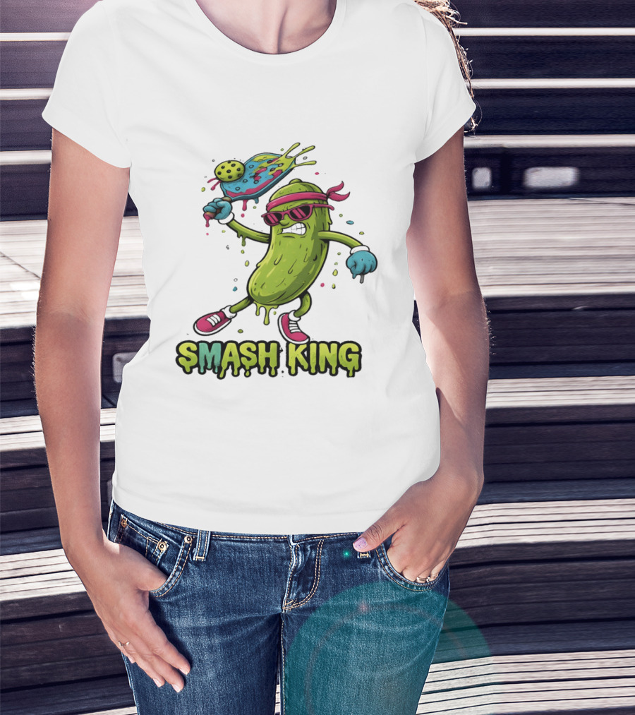 Smash King Pickleball Pickle Character With Paddle And Ball T-Shirt