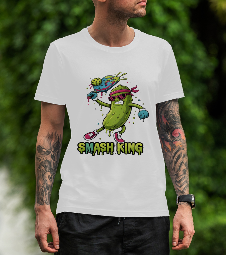 Smash King Pickleball Pickle Character With Paddle And Ball T-Shirt