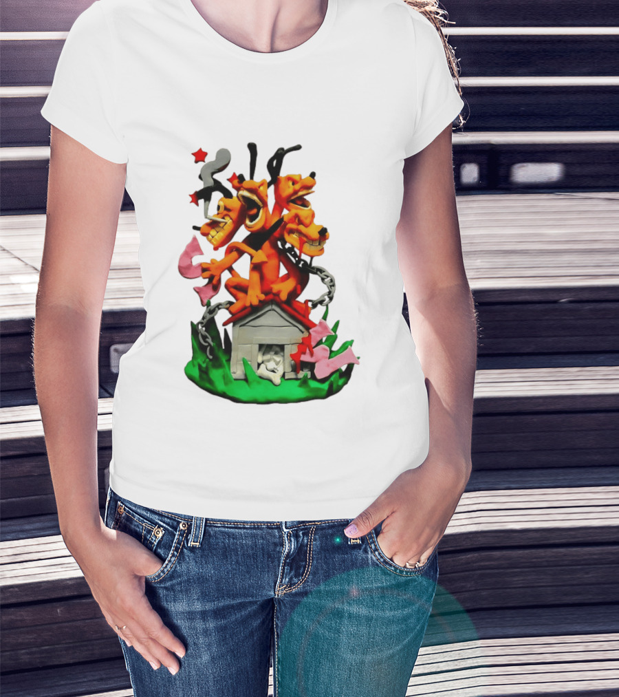 Three Head Monster Dog Cerberus Cartoon Chain House Statue T-Shirt