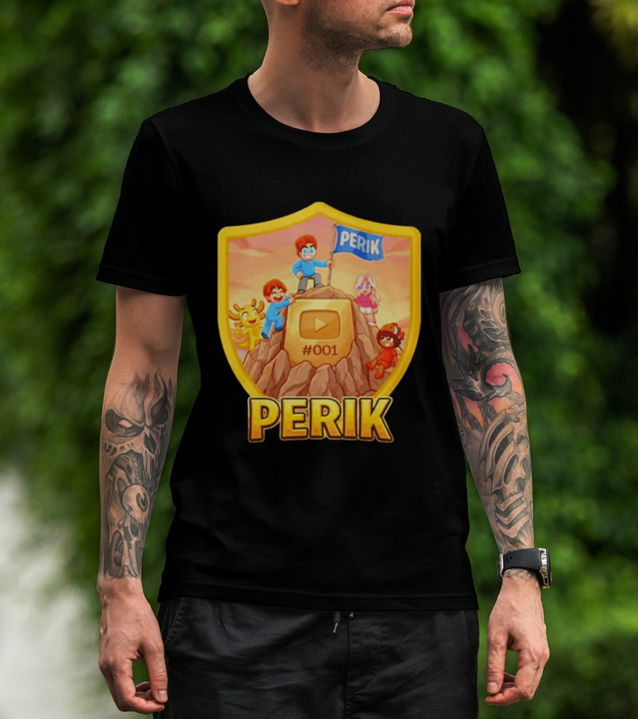 Perik #001 Cartoon Characters On Mountain With YouTube Play Button Image T-Shirt