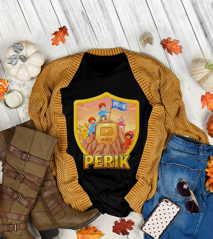 Perik #001 Cartoon Characters on Mountain with YouTube Play Button Image T-Shirt