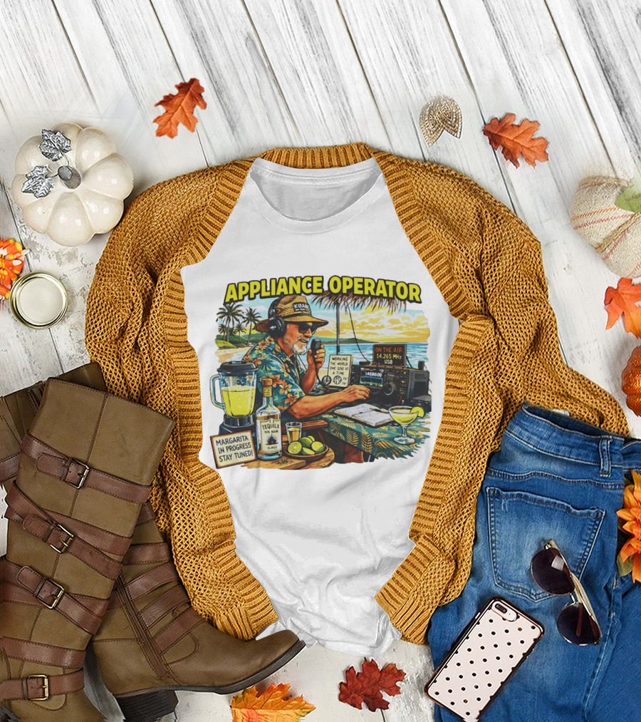 Appliance Operator Radio Margarita in Progress Stay Tuned Beach Tropical Scene T-Shirt