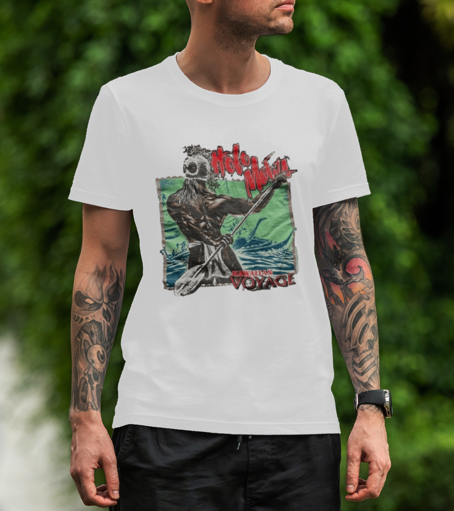 Holo Moana Hawaiian Voyage Paddler With Tribal Mask And Canoe Scene T-Shirt