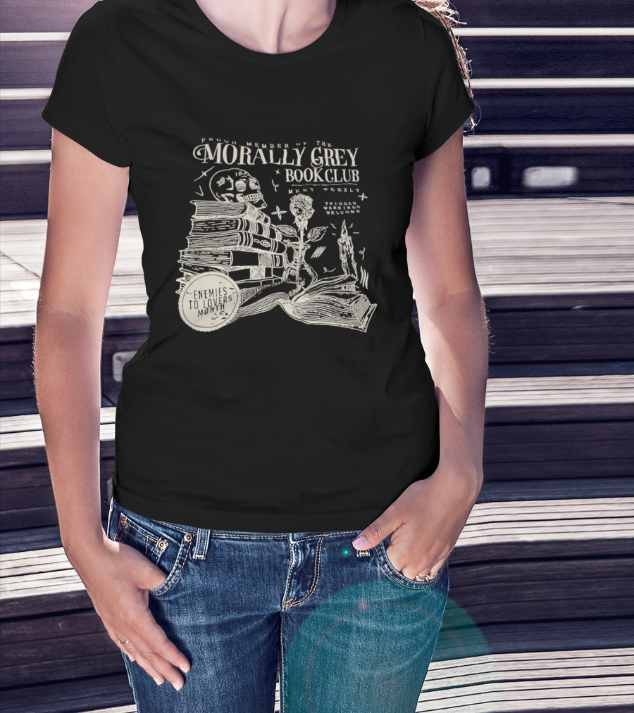 Morally Grey Book Club Skull Candle Rose Stacked Books Open Pages Stars T-Shirt