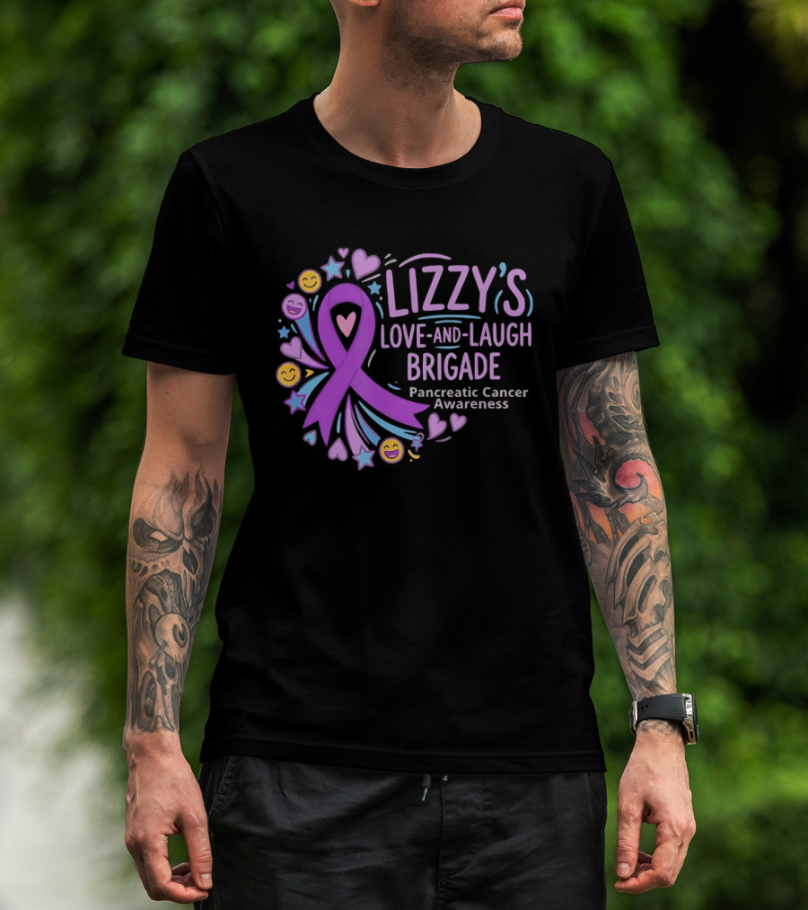 Lizzy's Love And Laugh Brigade Pancreatic Cancer Awareness Purple Ribbon Hearts And Smiles T-Shirt