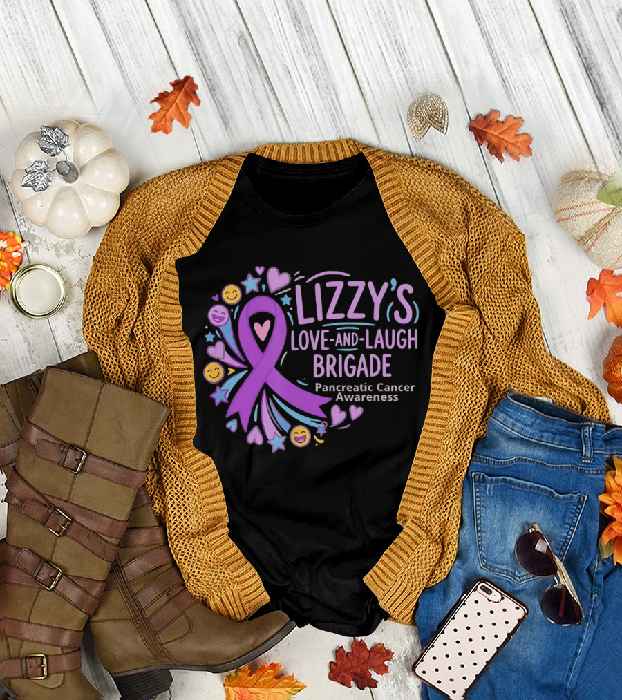 Lizzy's Love and Laugh Brigade Pancreatic Cancer Awareness Purple Ribbon Hearts and Smiles T-Shirt