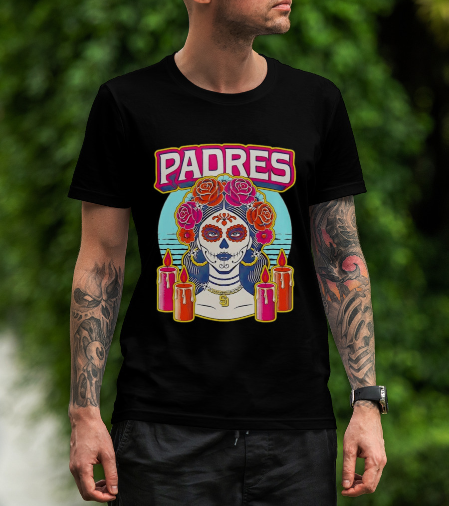 San Diego Padres La Catrina Dia De Los Muertos Candles And Flowers T-Shirt