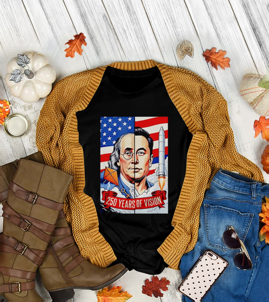 Benjamin Franklin Elon Musk Face American Flag Rocket Kite Key 250 Years of Vision T-Shirt