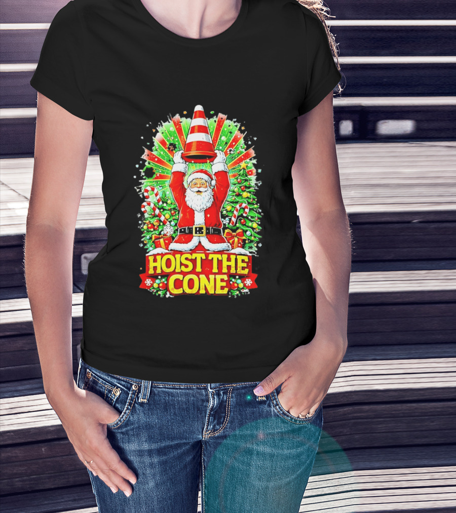 Santa Hoist The Cone Christmas Lights Tree Candy Canes T-Shirt