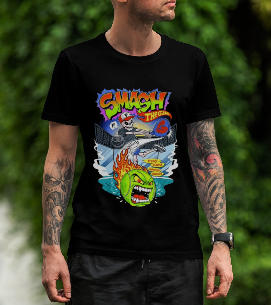 Smash The Game Play Hard Smash Harder Skeleton Playing Pickleball With Fiery Ball And Court T-Shirt