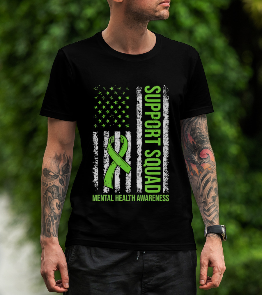 Support Squad US Flag Green Ribbon Mental Health Awareness T-Shirt