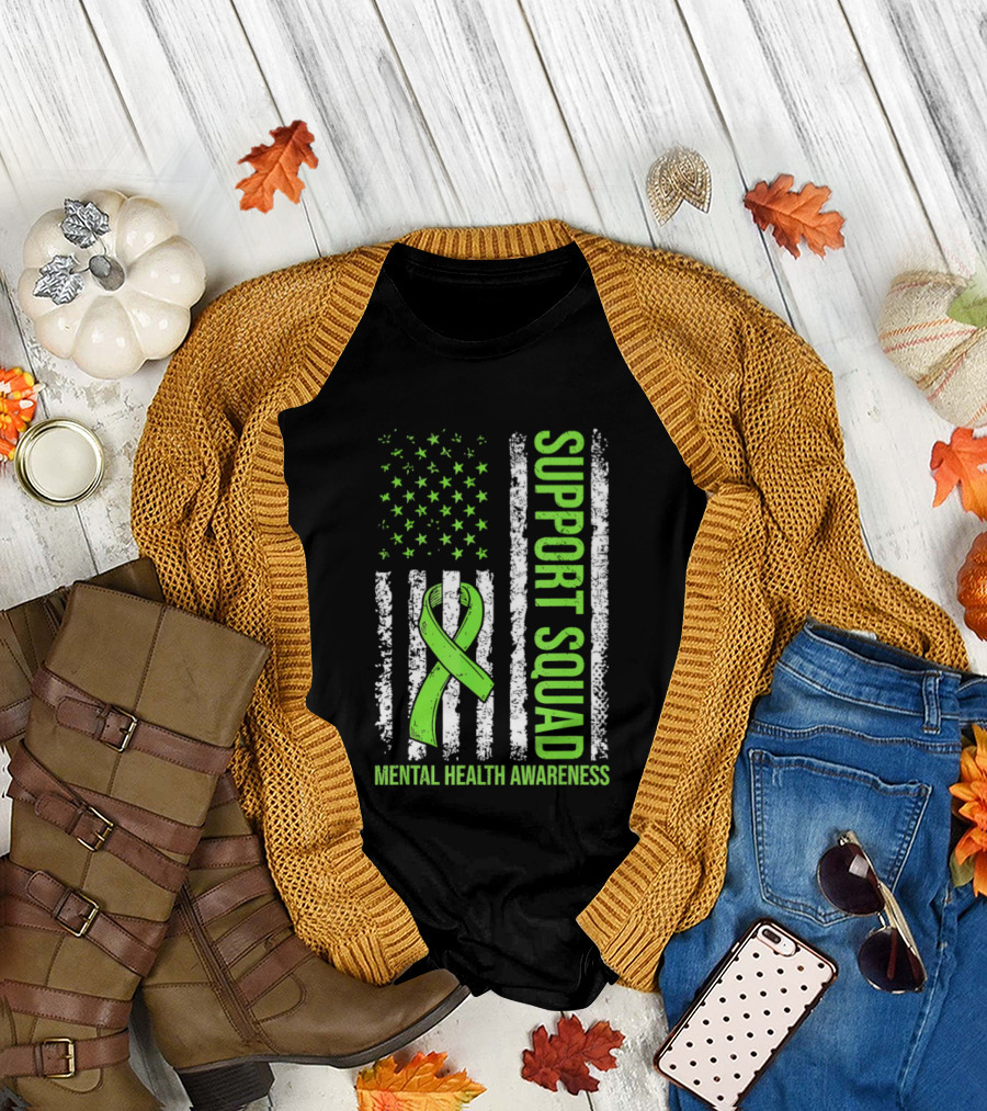 Support Squad US Flag Green Ribbon Mental Health Awareness T-Shirt
