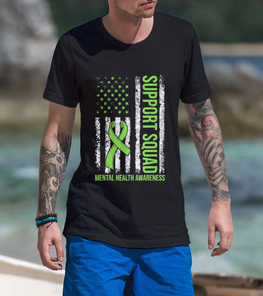 Support Squad US Flag Green Ribbon Mental Health Awareness T-Shirt