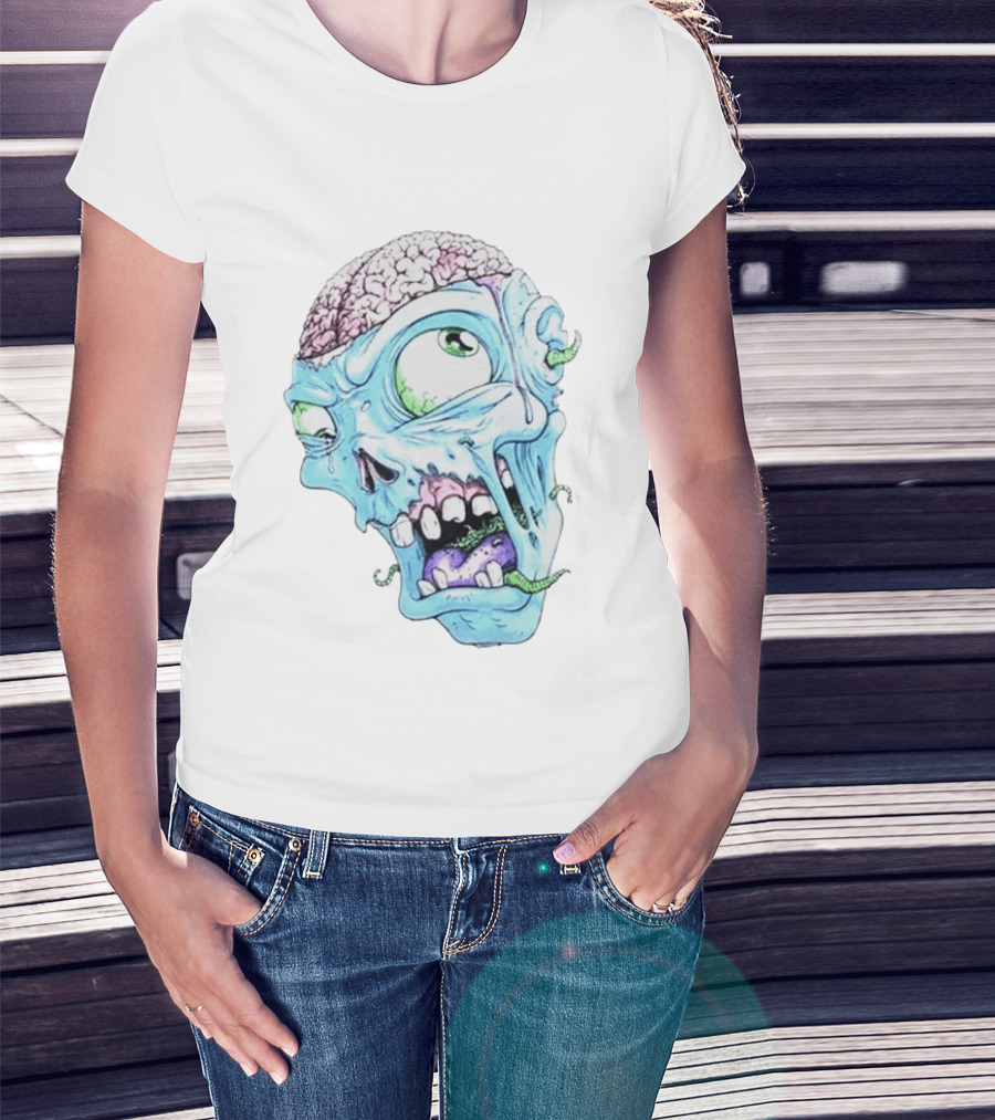 Annoyed Monster Head Zombie Skull Illustration With Exposed Brain And Worms T-Shirt
