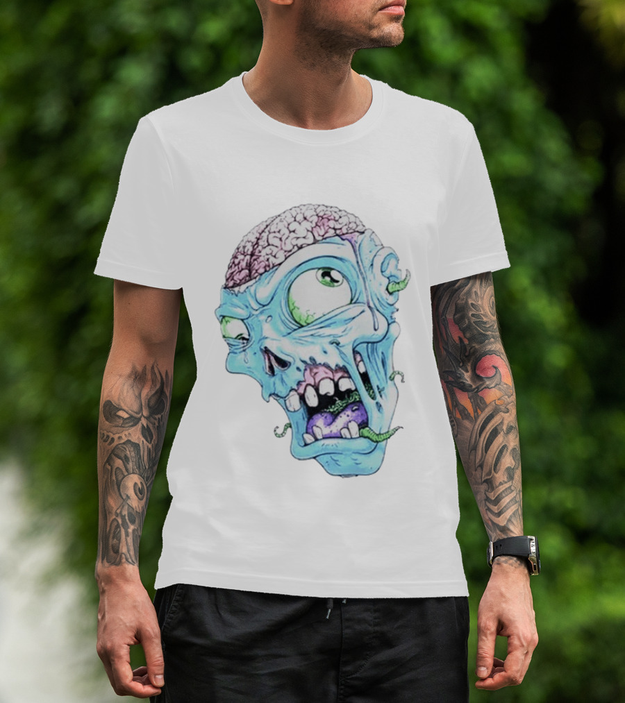 Annoyed Monster Head Zombie Skull Illustration With Exposed Brain And Worms T-Shirt