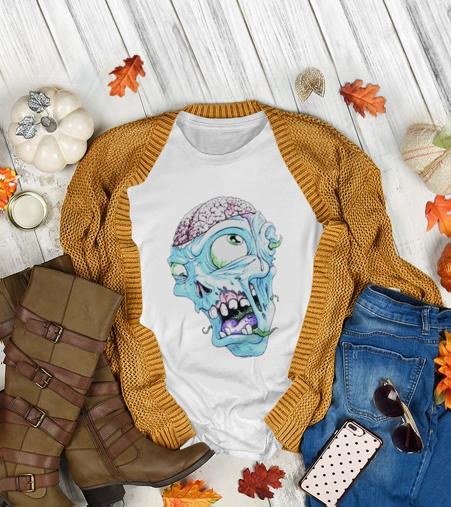 Annoyed Monster Head Zombie Skull Illustration with Exposed Brain and Worms T-Shirt
