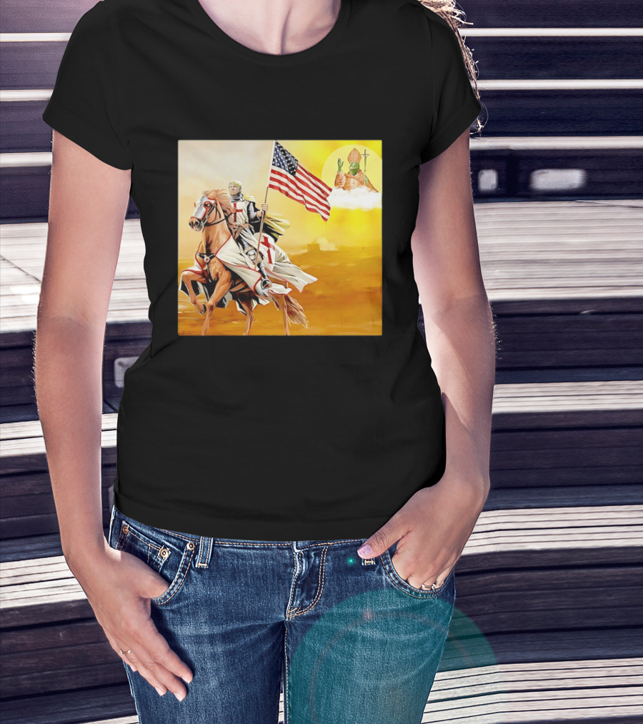 Donald Trump Crusader Knight With American Flag Riding Horse T-Shirt