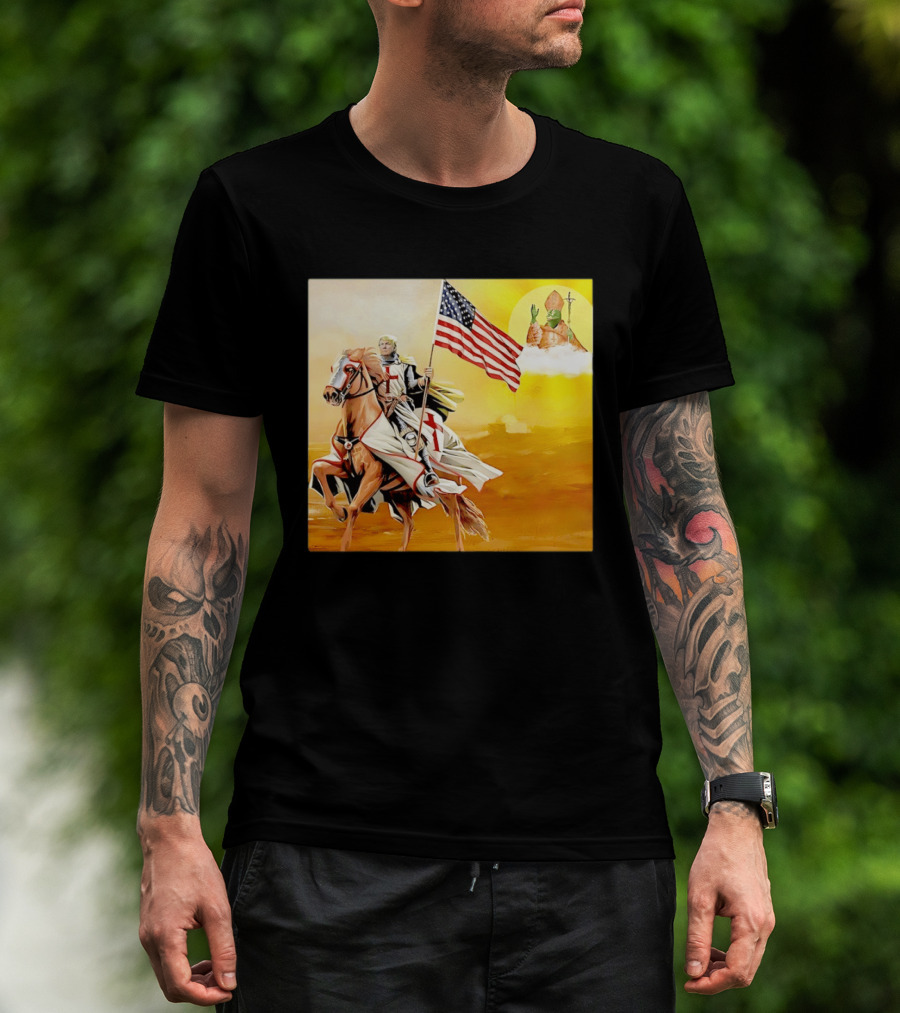 Donald Trump Crusader Knight With American Flag Riding Horse T-Shirt