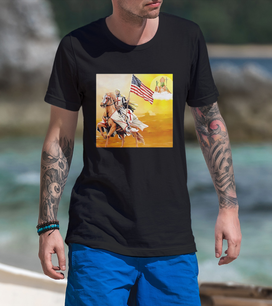 Donald Trump Crusader Knight With American Flag Riding Horse T-Shirt