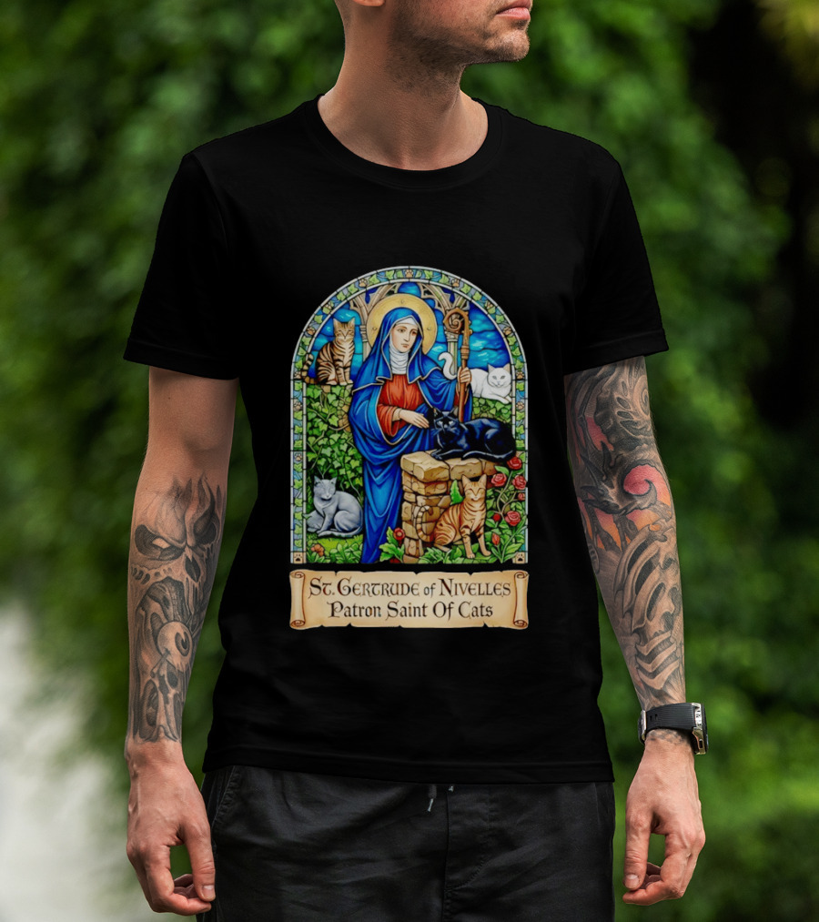 St. Gertrude Of Nivelles Patron Saint Of Cats Iconic Stained Glass Cat T-Shirt