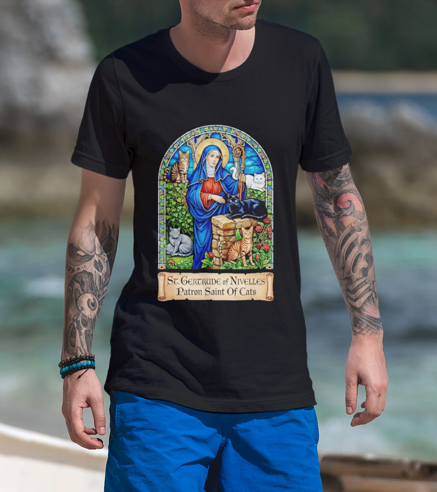 St. Gertrude Of Nivelles Patron Saint Of Cats Iconic Stained Glass Cat T-Shirt