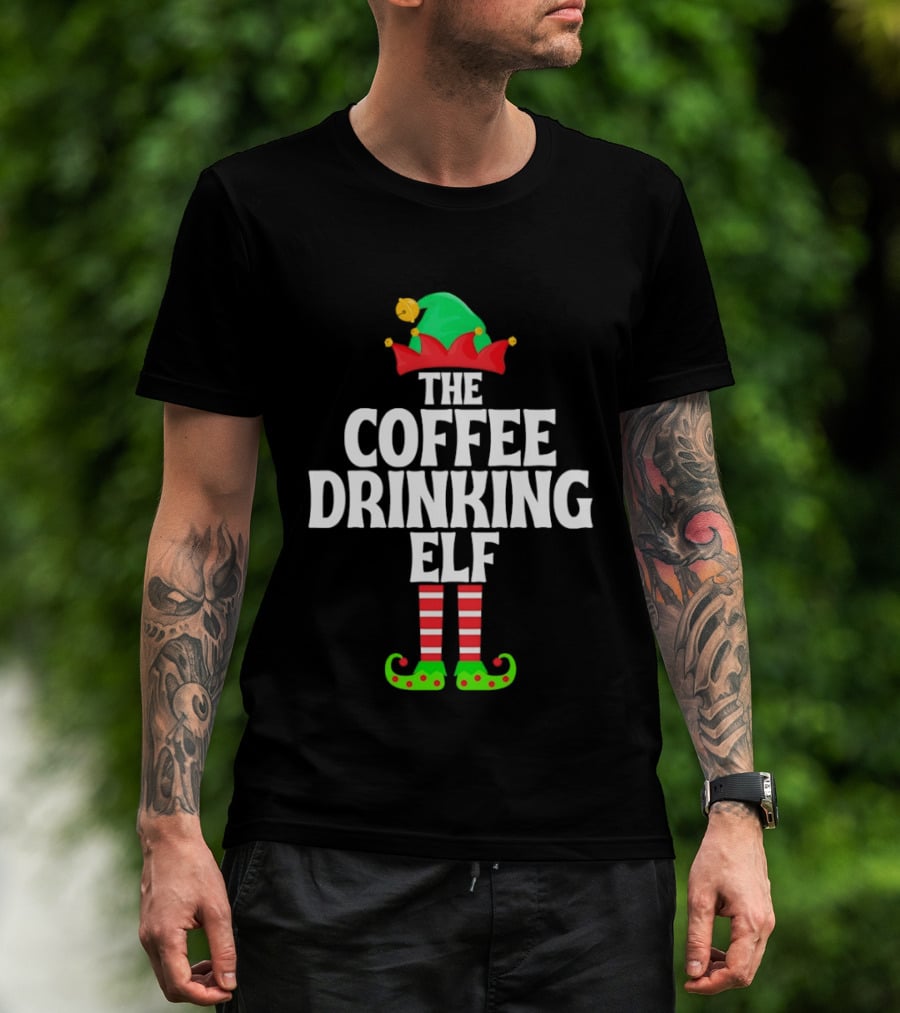 The Coffee Drinking Elf Red Green Jester Hat Striped Socks T-Shirt