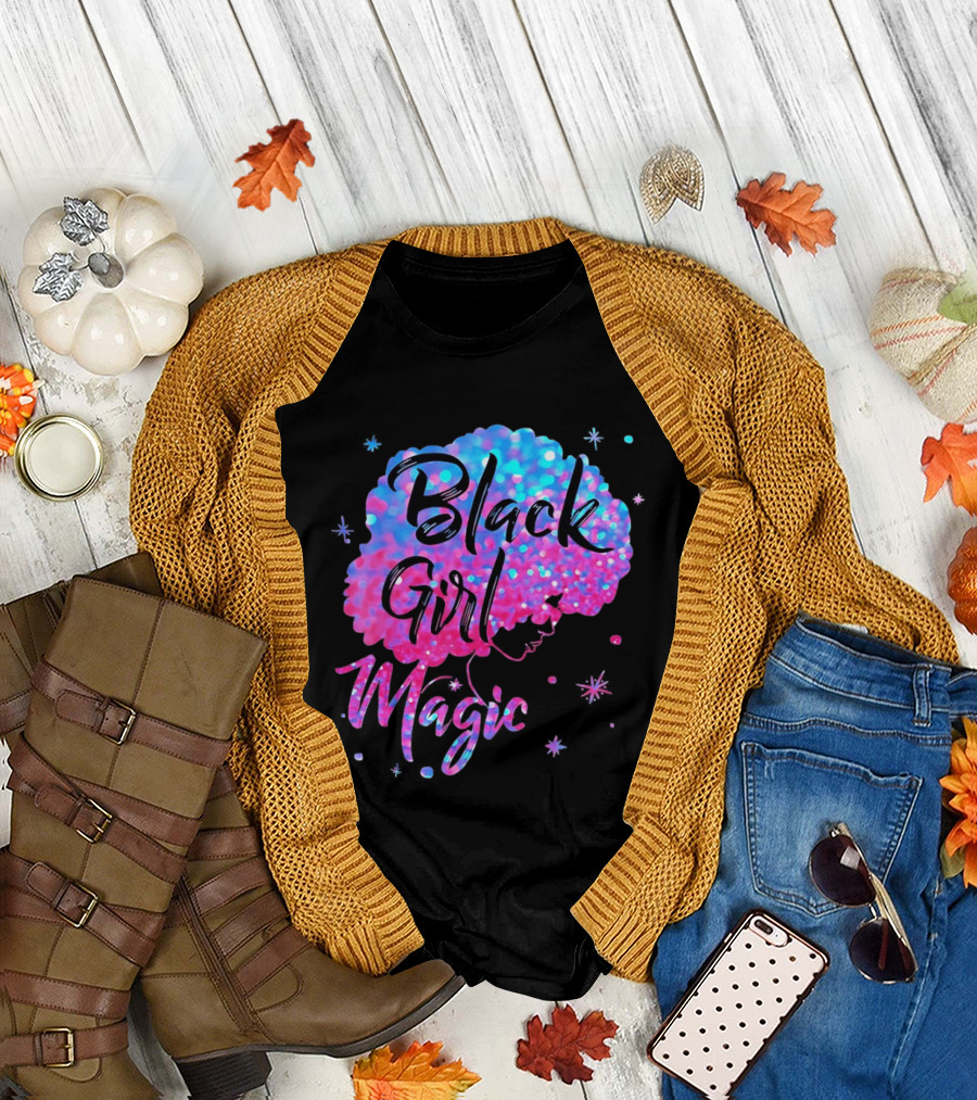 Black Girl Magic Vibrant Neon Glitter Afro T-Shirt