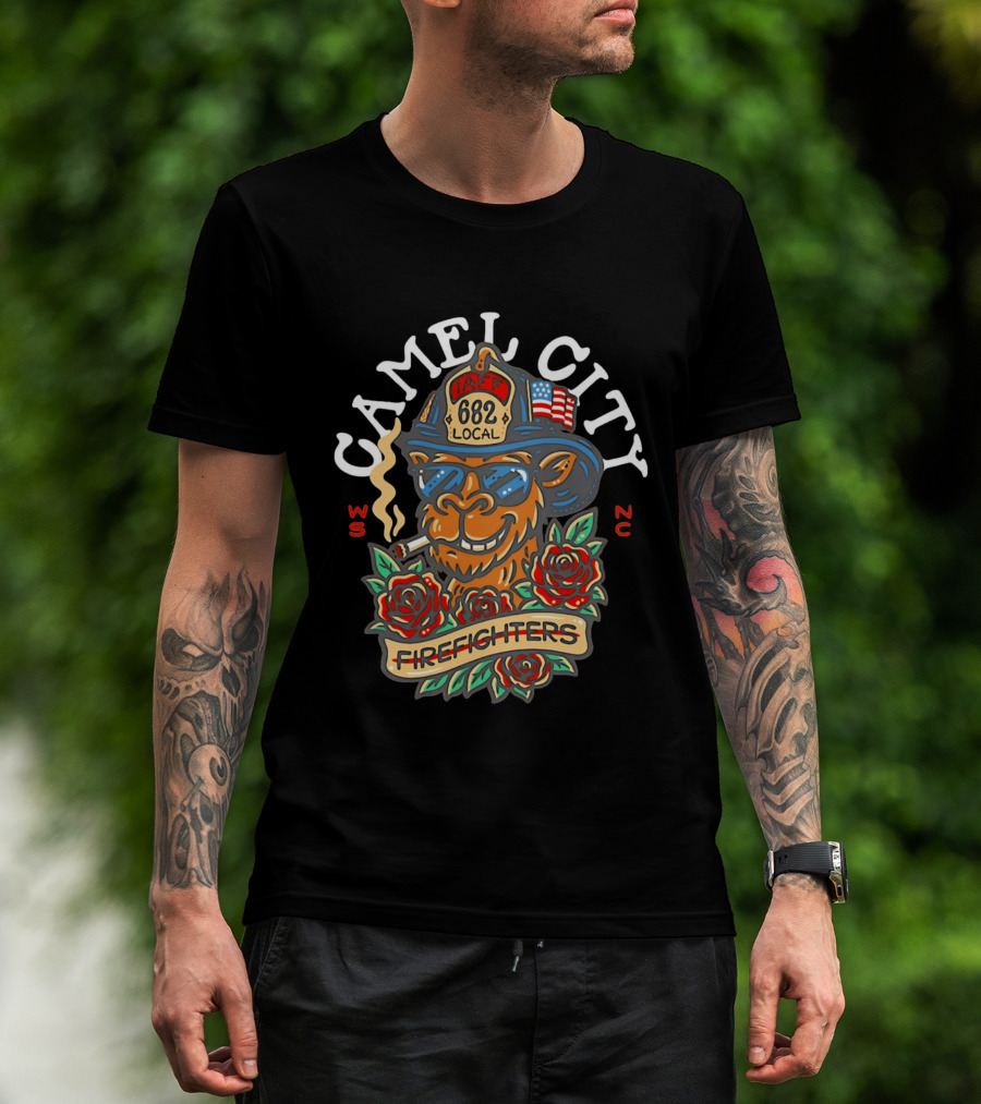 Camel City Local 682 Firefighters Smoking Camel With Roses USA Flag WS NC T-Shirt