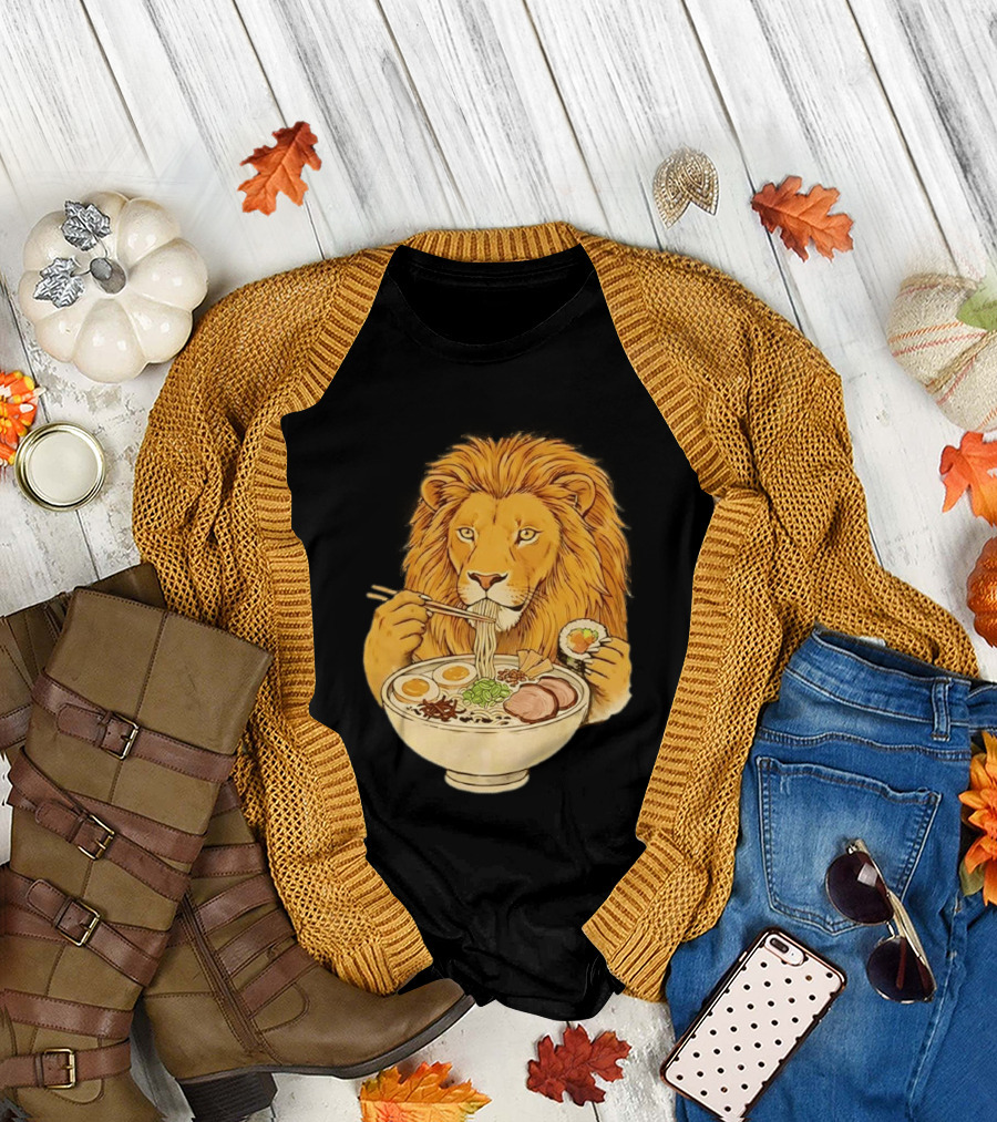 King Lion Eating Ramen Noodles with Sushi Meme T-Shirt