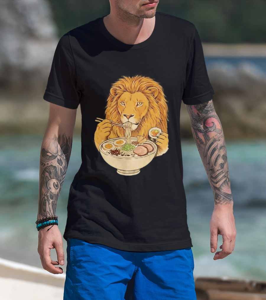King Lion Eating Ramen Noodles With Sushi Meme T-Shirt