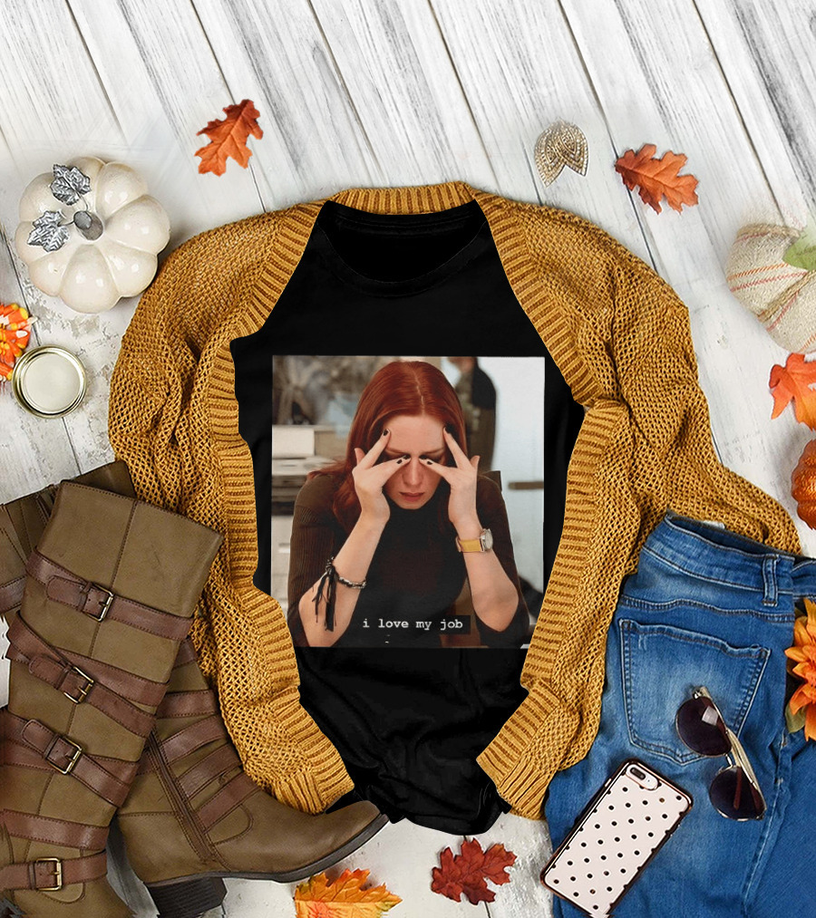 I love my job stressed woman with red hair black nails yellow T-Shirt