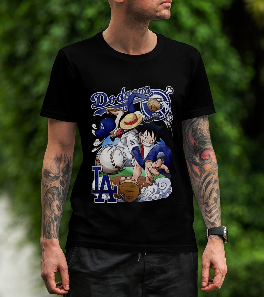 Luffy Los Angeles Dodgers One Piece Anime Crossover MLB Collaboration T-Shirt