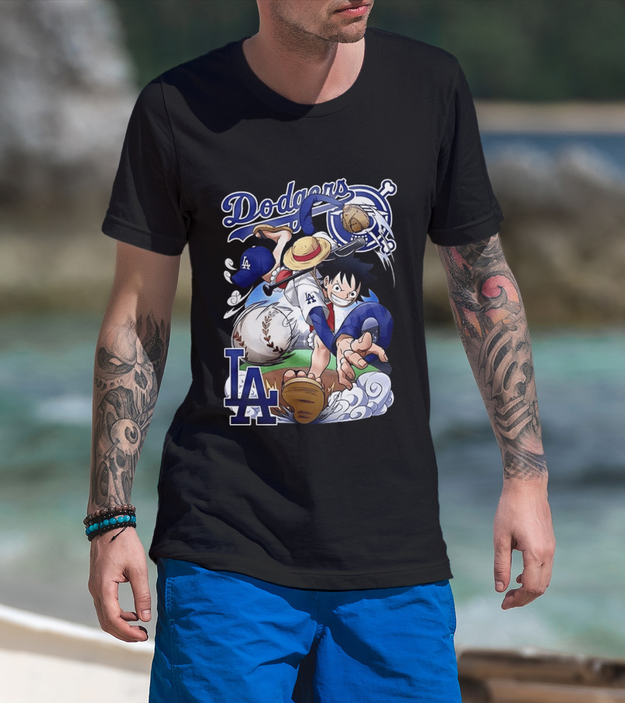 Luffy Los Angeles Dodgers One Piece Anime Crossover MLB Collaboration T-Shirt