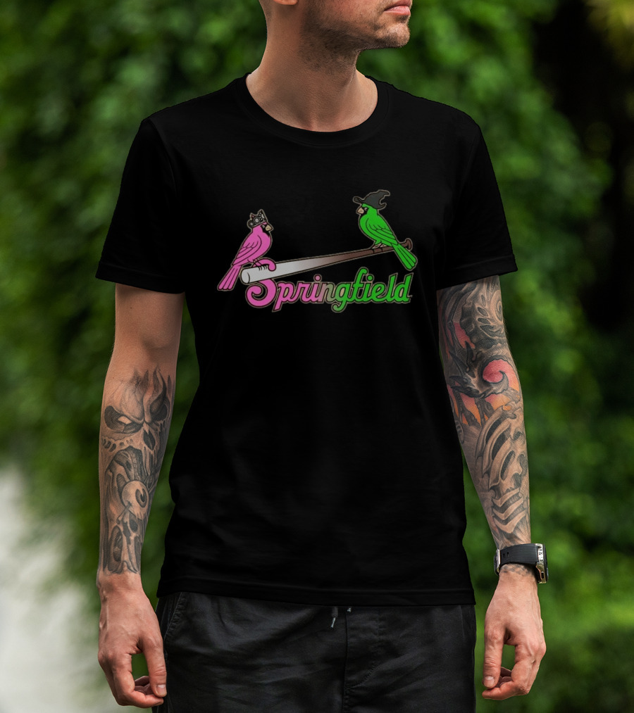 Springfield Cardinals Pink And Green Birds With Crown And Witch Hat Baseball Bat T-Shirt