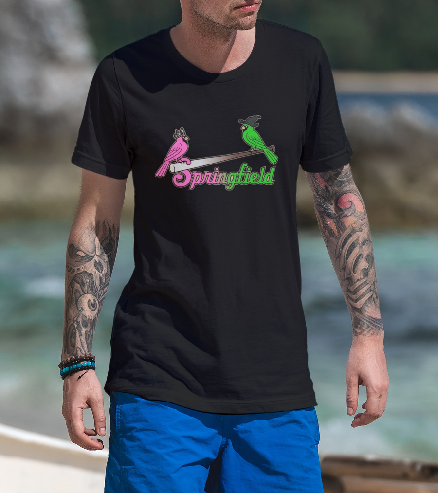Springfield Cardinals Pink And Green Birds With Crown And Witch Hat Baseball Bat T-Shirt