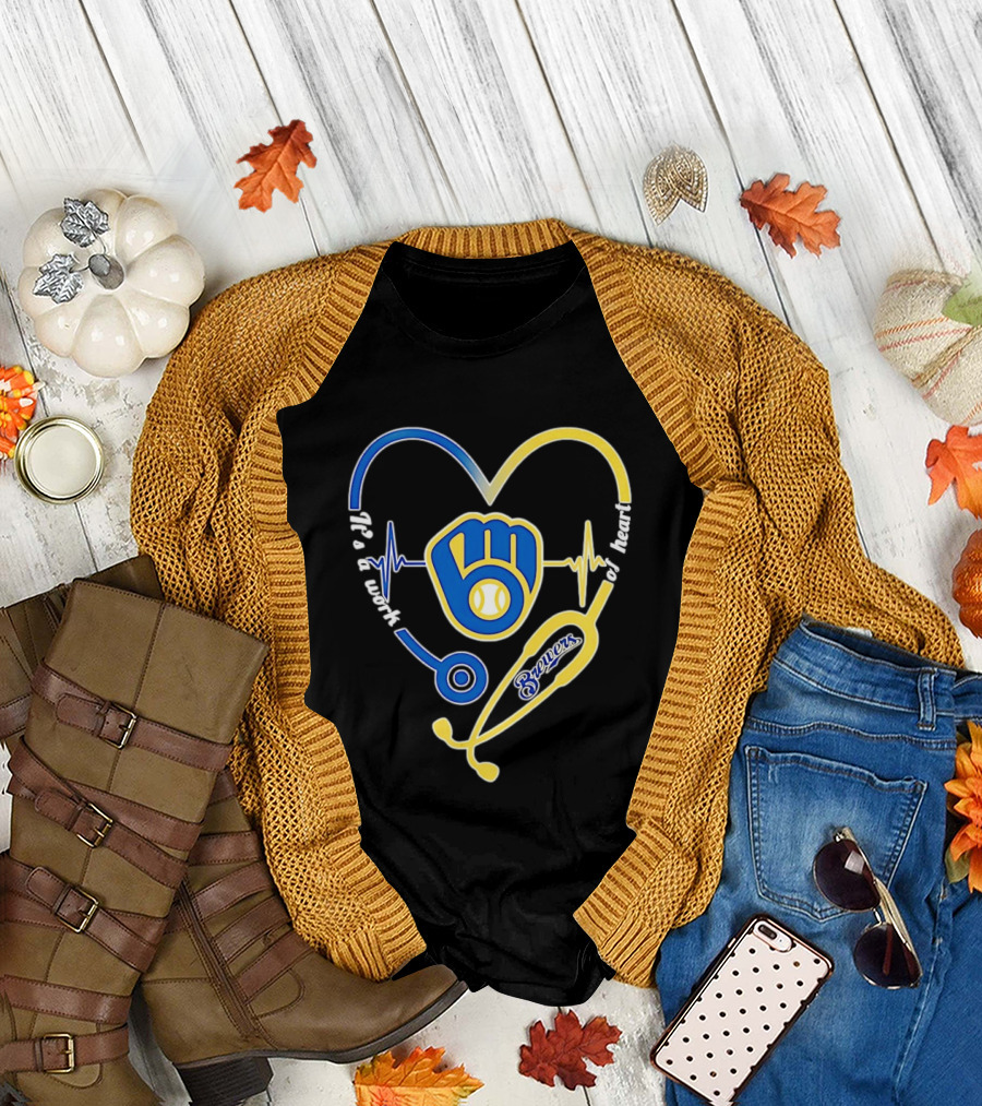 Milwaukee Brewers Baseball Heartbeat Stethoscope It's a Work of Heart T-Shirt