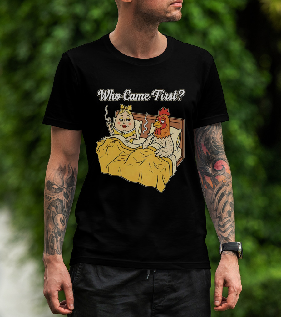 Who Came First Funny Chicken And Egg Bed Scene T-Shirt
