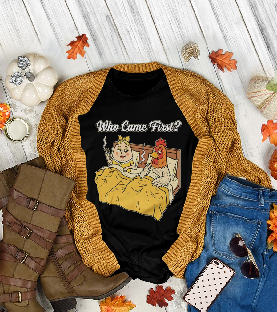 Who Came First Funny Chicken and Egg Bed Scene T-Shirt
