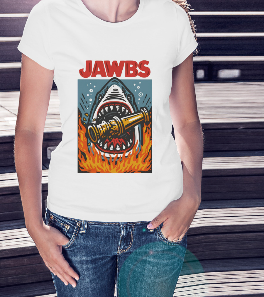 JAWS Jawbs Shark Biting Fire Hose Surrounded By Flames T-Shirt