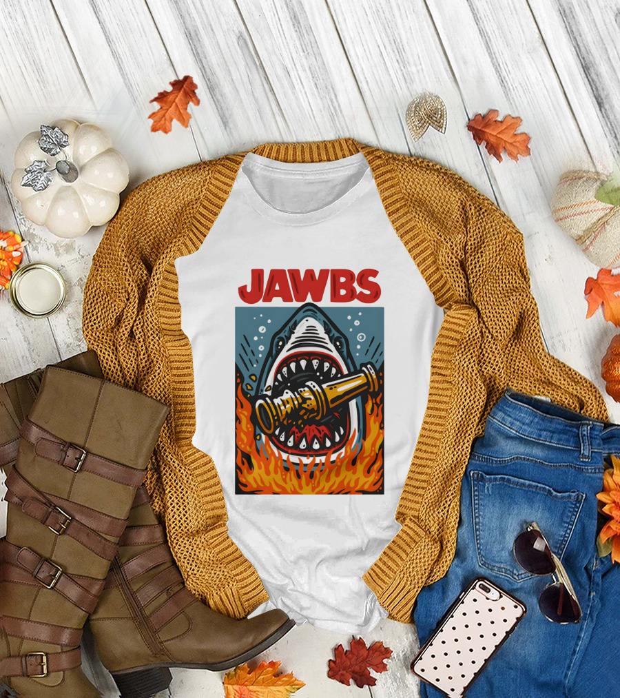 JAWS Jawbs Shark Biting Fire Hose Surrounded by Flames T-Shirt