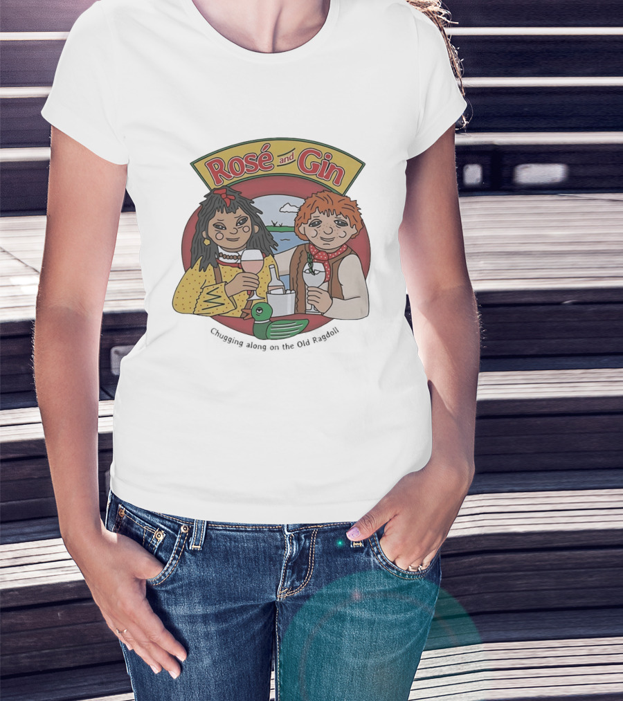 Rose And Gin Nostalgic Cartoon Duo With Drinks And Toy Duck T-Shirt