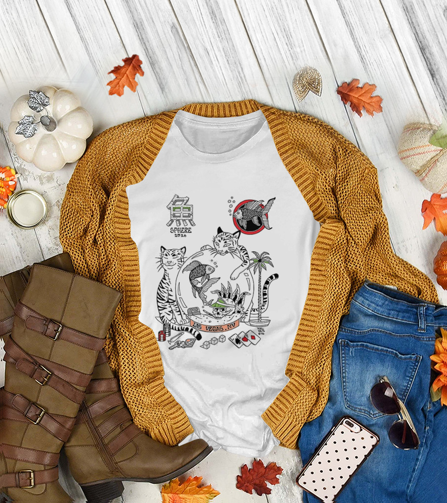 Sphere 2026 Vegas Cats and Aquatic Scene with Fish, Palm Trees, and Dice T-Shirt