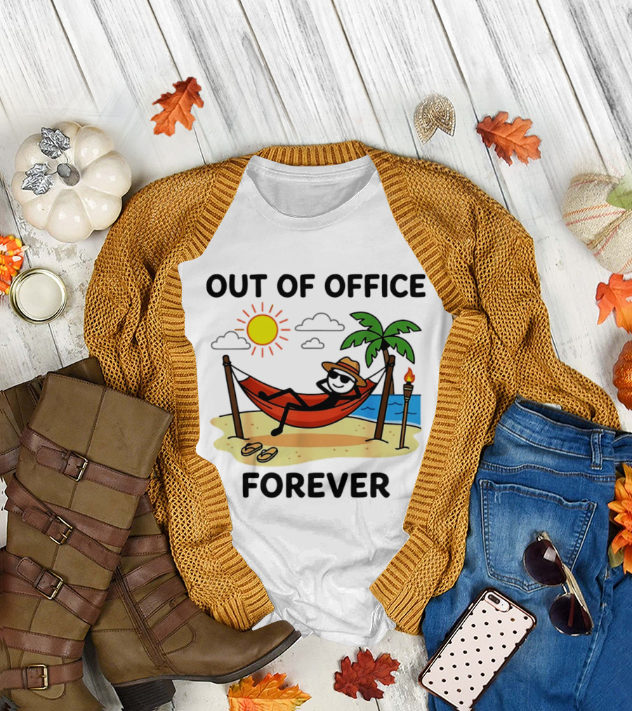 Out of Office Forever Stick Figure in Hammock on Beach Vacation T-Shirt